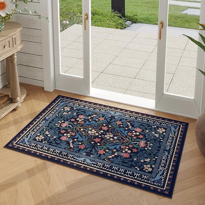 Door Mat Indoor Entrance 2x3 Rug Machine Washable Vintage Floral Botanical Small Area Rug Non-Slip Low Pile Throw Rugs for Entryway, Kitchen, Front Door Entrance, Entry, Kids Room, Blue-CubbioJoy