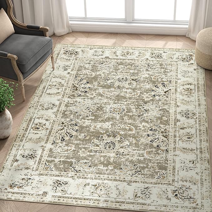 jinchan Washable Area Rug 4x6 Ultra-Thin Low Pile Non Slip Stain Resistant Soft Faux Wool Floral Rug Distressed Boho Vintage Carpet for Bedroom,Living Room,Dining Room,Kitchen,Nursery(Taupe, 4' x 6')-CubbioJoy