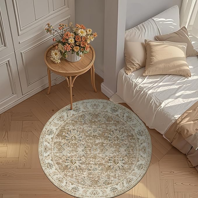jinchan Round Rug 5ft Area Rug - Indoor Vintage Hallway Circle 5' Washable - Ultra-Thin Low Pile Soft Small Non Slip Distressed Floral Print for Living Room Dining Room Bedroom Entryway Taupe-CubbioJoy