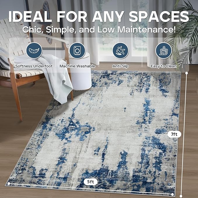 5x7 Area Rugs for Living Room Rug Washable: Modern Rug for Dining Room Bedroom Carpet Non Slip Low Pile 5 by 7 Indoor Abstract Nursery Home Office Blue White-CubbioJoy