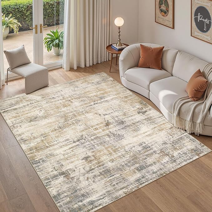 Area Rug for Living Room: 5x7 Washable Neutral Abstract Modern Soft Rugs Non Slip Indoor Floor Stain Resistant Carpet for Bedroom Dining Room Office Nursery - Golden Brown-CubbioJoy