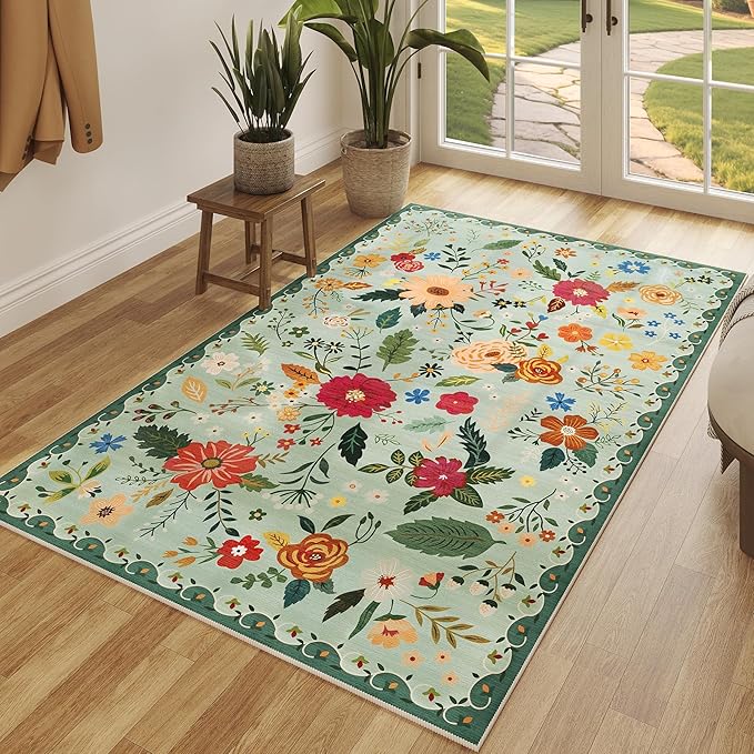 3x5 Area Rug, Floral Green Washable Rug for Entryway, Non Slip Flower Area Rugs, Soft Low Pile Indoor Doormat Small Carpet, Rugs for Living Room Bedroom Nursery Kitchen Dining Room, Sage Green-CubbioJoy