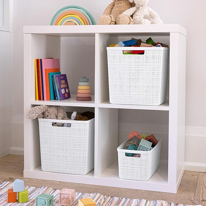 Curver Jute Decorative Plastic Organization and Storage Basket Perfect Bins for Home Office, Closet Shelves, Kitchen Pantry and All Bedroom Essentials, White, Large Cube, Set of 4-CubbioJoy