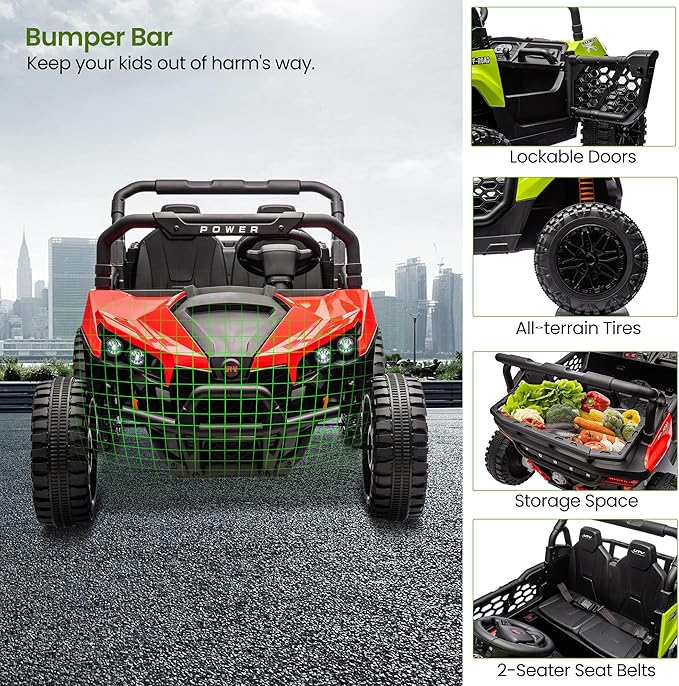 24V 2 Seater Ride On Car Truck, Power Wheels Kids UTV w/Parent Remote Control, 3.1 MPH Max Speed, Music Player, LED Lights & Storage, Electric Vehicle Ride On Toy for Kids Toddler Ages 3-8, Red-CubbioJoy