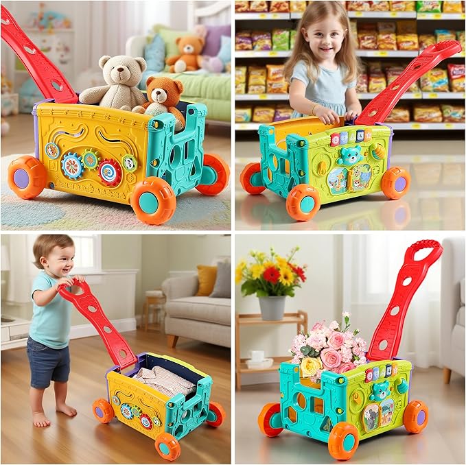 Interactive Learning Push Walker Toy for Toddlers, Musical Activity Wagon with Handle, Educational Rolling Cart with Blocks-CubbioJoy