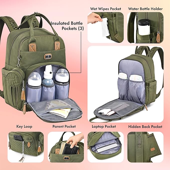 Dikaslon Diaper Bag Backpack with Portable Changing Pad, Pacifier Case and Stroller Straps, Large Unisex Baby Bags for Boys Girls, Multipurpose Travel Back Pack Moms Dads, Green-CubbioJoy