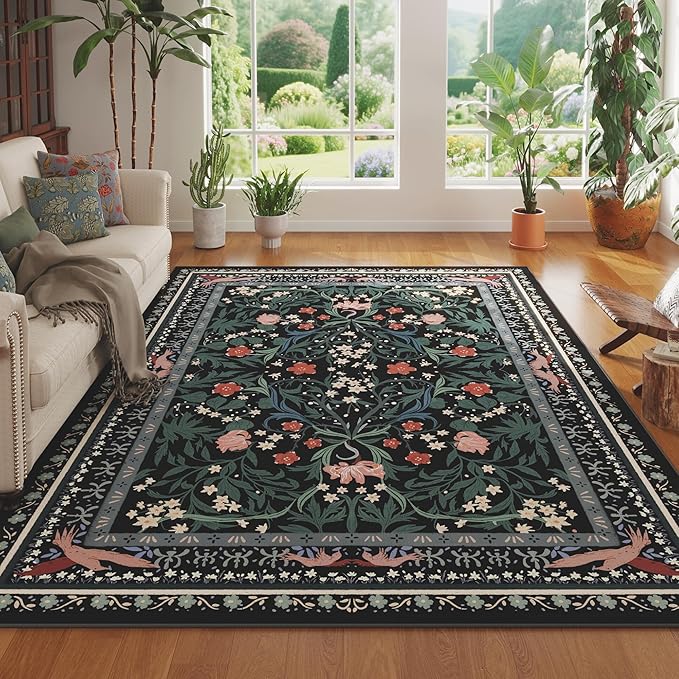 Area Rugs 8x10 for Living Room Clearance Washable Vintage Floral Botanical Rug Non Slip Low Pile Large Rug for Bedroom, Farmhouse, Dining Room, Kids Playroom, Black-CubbioJoy