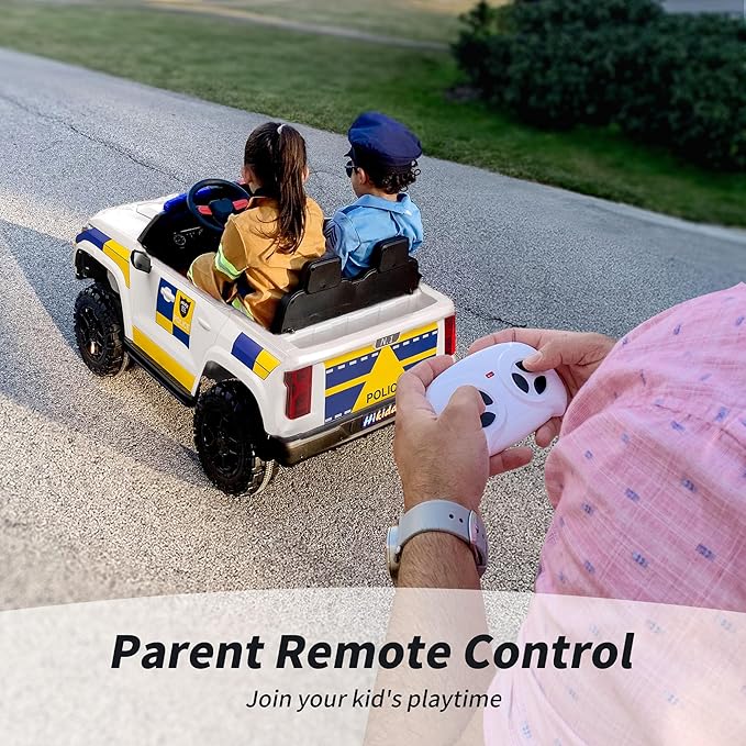 12V 7Ah Electric Police Car Ride on Toy for Big Kids, 2 Seater Kids Ride on Car SUV w/Remote Control, Bluetooth - White-CubbioJoy