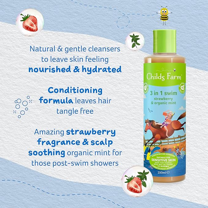 Childs Farm, Kids 3 in 1 Swim, Strawberry and Organic Mint, Body Wash, Shampoo and Conditioner, Suitable for Dry, Sensitive and Eczema-Prone Skin, 8.4 Fl Oz-CubbioJoy