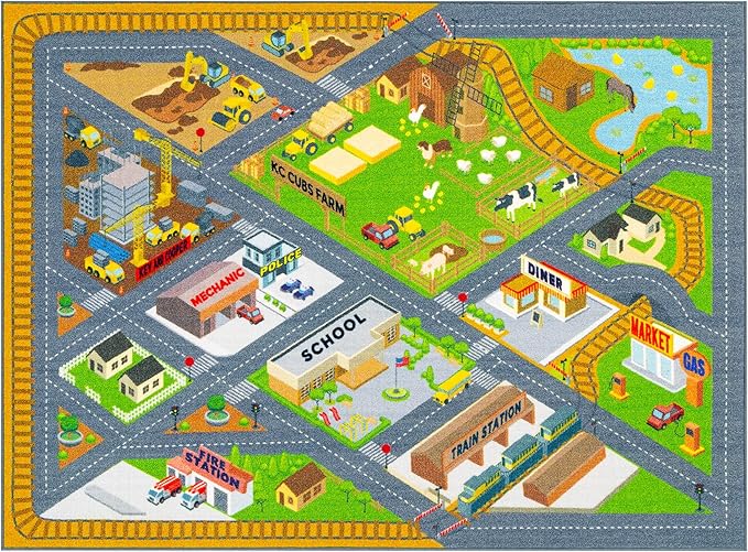 KC Cubs 8x10 Country Farm Construction Car Road Street Rug – Educational Carpet Play Mat for Kids, Toddlers Nursery, Classroom, Playroom, Baby Daycare-CubbioJoy