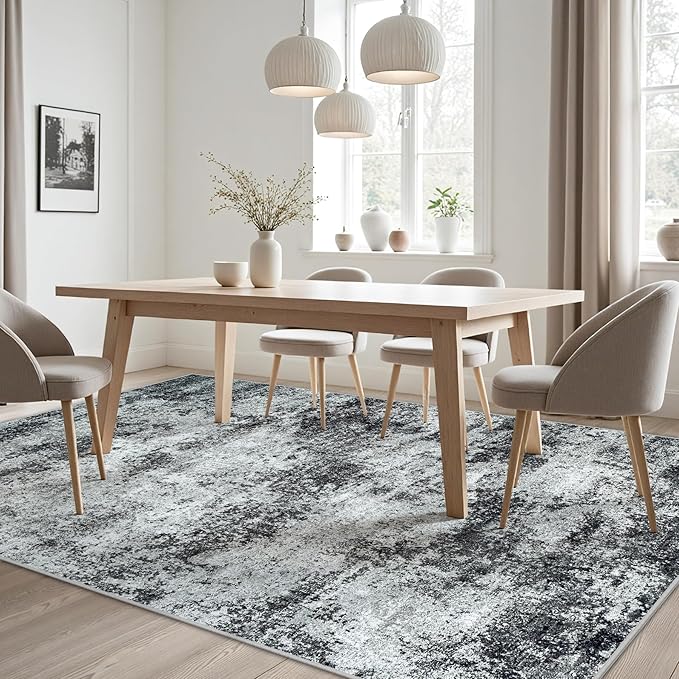 Area Rugs 8x10 Living Room Rugs: Modern Abstract Washable Rug with Non-Slip Backing, Stain Resistant Indoor Floor Large Carpet for Bedroom Dining Room Table Nursery Hallway Home Office Dark Black/Gray-CubbioJoy