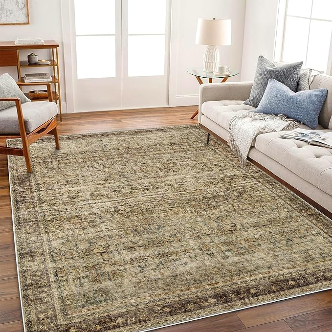 Area Rug 8x10 Washable Rug Brown Vintage Traditional Mat Distressed Indoor Foldable Thin Retro Accent Floral Non Slip Carpet Living Room Dining Room Office-CubbioJoy