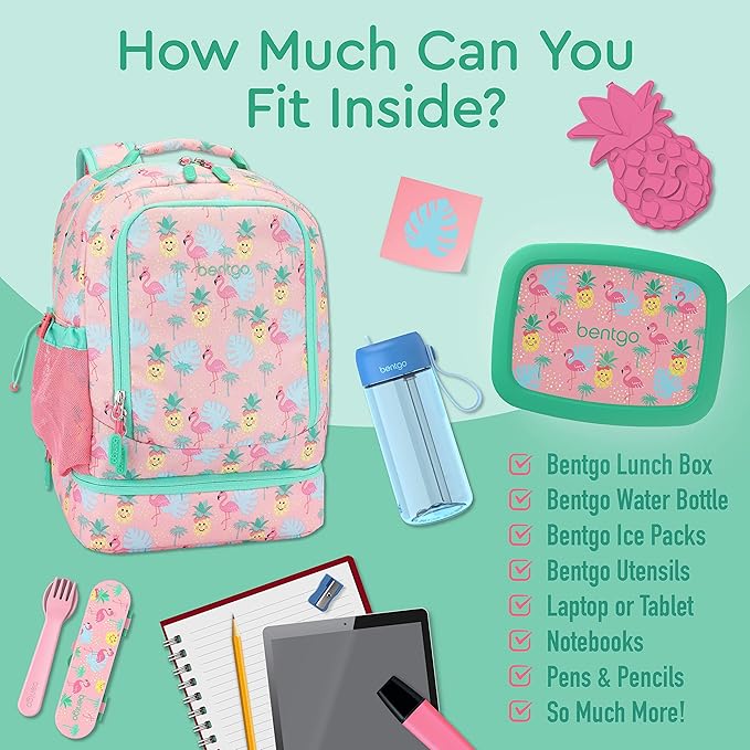 Bentgo Kids 2-in-1 Backpack & Insulated Lunch Bag - Durable 16” Backpack & Lunch Container in Unique Prints for School & Travel - Water Resistant, Padded & Large Compartments (Tropical)-CubbioJoy