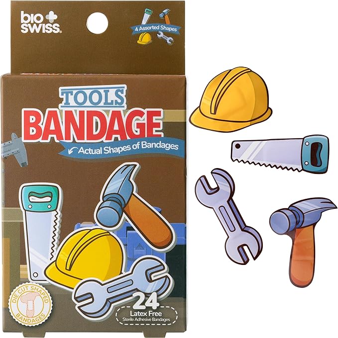 BioSwiss Bandages, Tools Shaped Self Adhesive Bandage, Latex Free Sterile Wound Care, Fun First Aid Kit Supplies for Kids and Adults, 24 Count-CubbioJoy