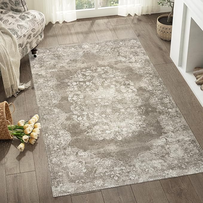 jinchan Washable Area Rug 3x5 Entryway - Soft Distressed Vintage Floral Indoor Bedroom Rug Faux Wool Low Pile Small Oriental Accent Carpet for Kitchen,Entrance,Bedside,Dining Room(Brown,3'x5')-CubbioJoy