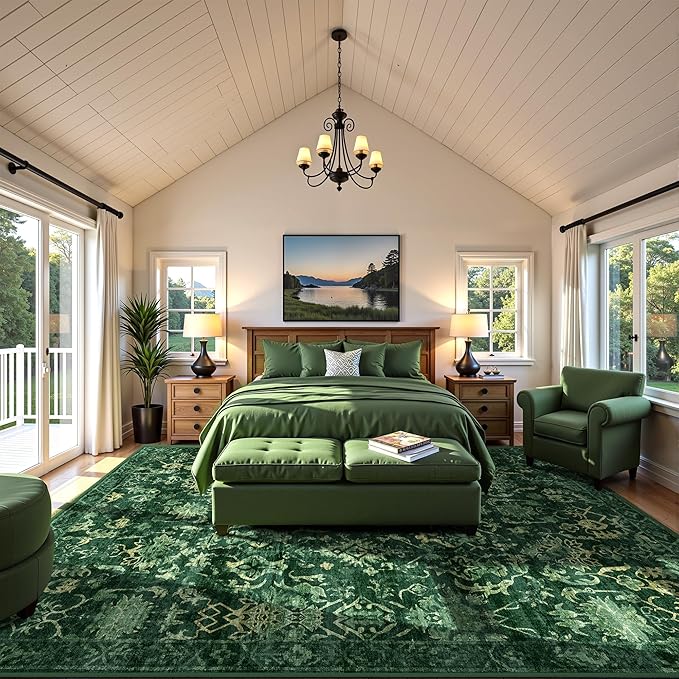 Deerly Dark Green Area Rugs 10x12 for Living Room Soft Non-Slip, Large Bedroom Rug Vintage Dining Room Rug Tribal Farmhouse Carpet for Dining Room Office Green-CubbioJoy