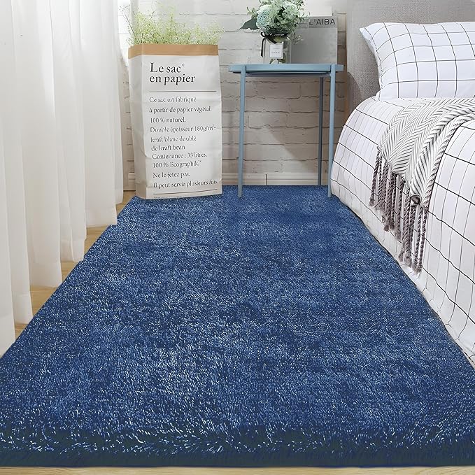 2x6 Runner Rug for Bedroom: Fluffy Shag Soft Washable Rugs Small Fuzzy Plush Indoor Carpet for Hallway Bedside Dorm Kids Girls Boys Room (Navy Blue, 2'x6')-CubbioJoy