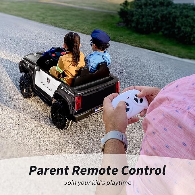 12V 7Ah Electric Police Car Ride on Toy for Big Kids, 2 Seater Kids Ride on Car SUV with Remote Control, Bluetooth - Black-CubbioJoy