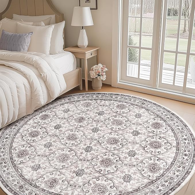 jinchan Round Rug 8ft Washable Circle Soft Rug - Low Pile Vintage 8'Round Indoor Beige Floral Print Stain Resistant Boho Carpet Ultra-Thin Non-Slip for Living Room Bedroom Dining Room Kitchen-CubbioJoy
