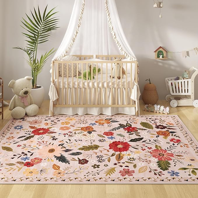 5x7 Washable Rug for Living Room, Pink Floral Area Rug, Non Slip Low Pile Soft Flower Carpet, Large Rugs for Bedroom, Dining Room, Office, Kids Playroom, Nursery, Pink/Beige-CubbioJoy