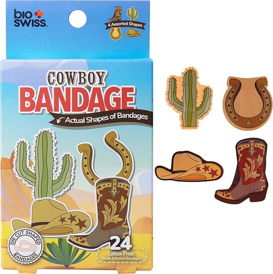 BioSwiss Bandages, Cowboy Shaped Self Adhesive Bandage, Latex Free Wound Care, Fun First Aid Kit Supplies for Kids and Adults, 24 Count-CubbioJoy