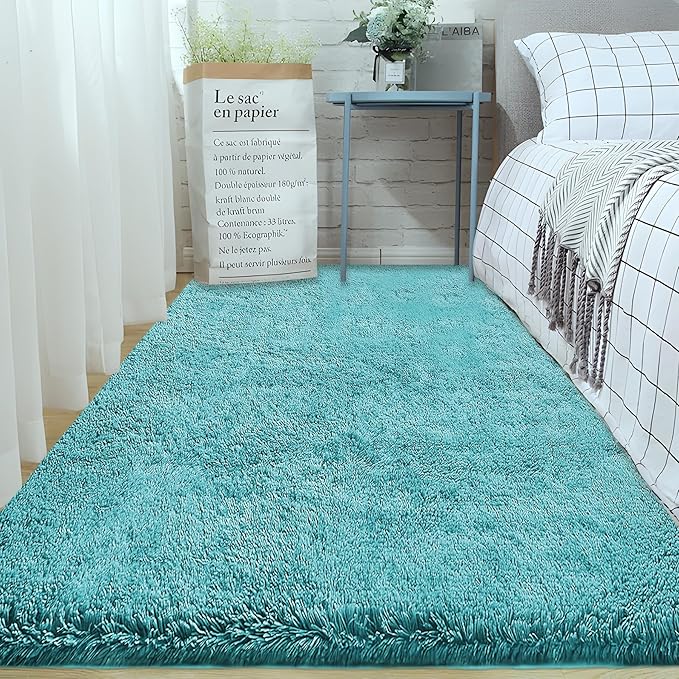 2x6 Runner Rug for Bedroom: Fluffy Shag Soft Washable Rugs Small Fuzzy Plush Indoor Carpet for Hallway Bedside Dorm Kids Girls Boys Room (Teal Blue, 2'x6')-CubbioJoy