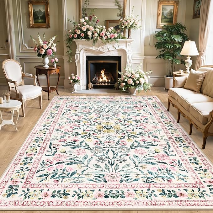 Area Rugs 9x12 Living Room: Floral Washable Rug Vintage Large Soft Boho Non-Slip Carpet Indoor Stain Resistant Low Pile Carpets for Bedroom Dining Room Farmhouse Nursery Hallway Home Office Pink Green-CubbioJoy