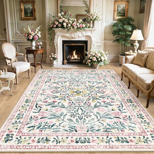 Area Rugs 9x12 Living Room: Floral Washable Rug Vintage Large Soft Boho Non-Slip Carpet Indoor Stain Resistant Low Pile Carpets for Bedroom Dining Room Farmhouse Nursery Hallway Home Office Pink Green-CubbioJoy