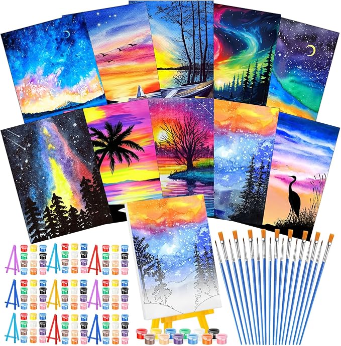 Blosssound 10 Set Pre Printed Canvas Pre Drawn Canvas Painting with Easel Kits 5" x 7" Outline Painting Panels for Beginners, DIY Craft Project, Party Favor, Home Decors(Dream Sky)-CubbioJoy