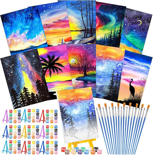 Blosssound 10 Set Pre Printed Canvas Pre Drawn Canvas Painting with Easel Kits 5" x 7" Outline Painting Panels for Beginners, DIY Craft Project, Party Favor, Home Decors(Dream Sky)-CubbioJoy