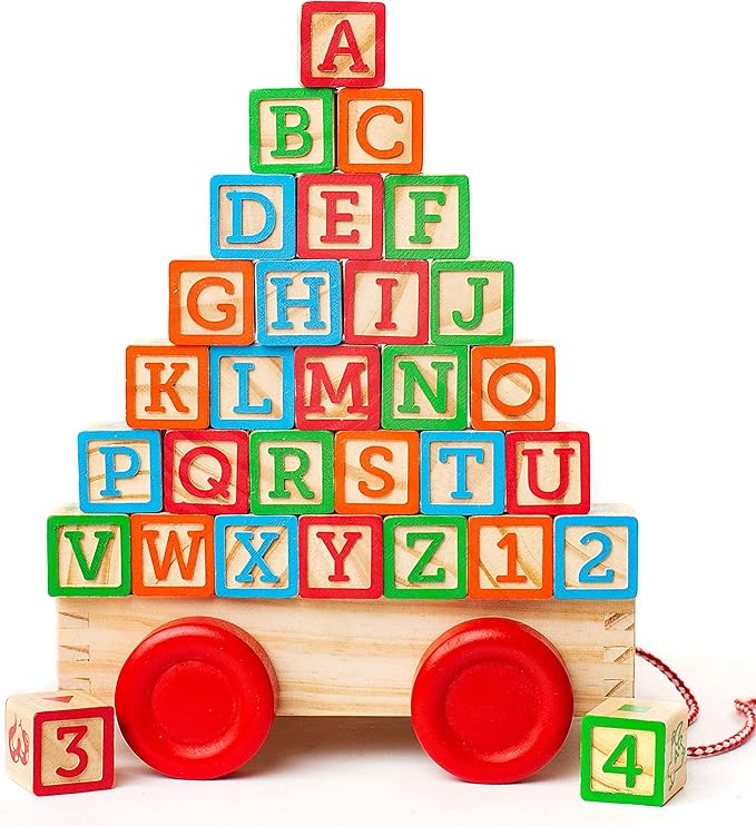 Building Blocks for Toddlers 1-3 Years Old, 30 Large Stackable Wooden Baby Blocks with Alphabet and Number Icons on Every Side, Toy Wagon Included﻿-CubbioJoy