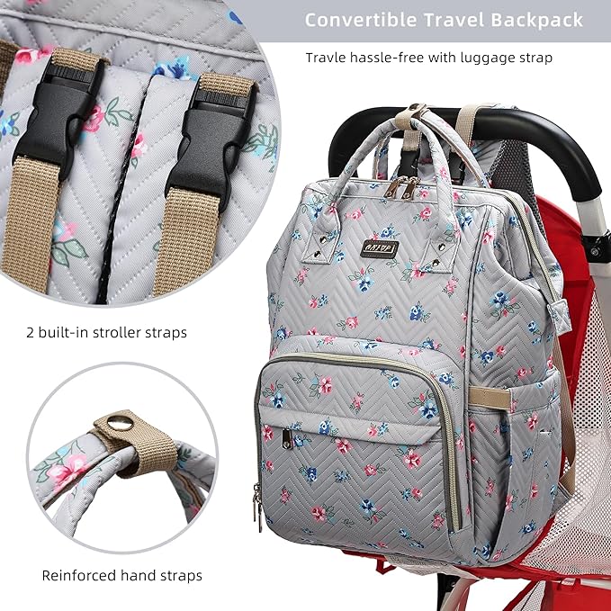 Diaper Bag Backpack for Women, Baby Bags for Girls,Diaper Bag with Changing Pad, and Insulated Pockets-Grey Flowers-CubbioJoy