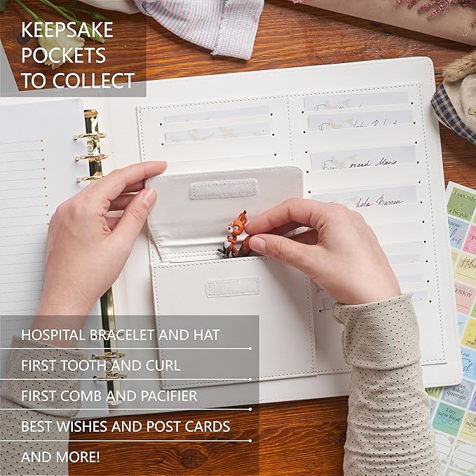 Keepsake Baby Memory Book Girl Boy – Timeless Leather-Bound Baby Milestone Book – Baby Book Keepsake Record First 5 Years – Gender Neutral Baby Scrapbook Album Baby Album Journal Registry Search Gift-CubbioJoy