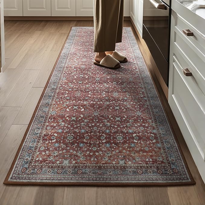 2x6 Washable Kitchen Runner Rug for Hallways, Non Slip Laundry Runners for Bathroom, Low Pile Rubber Backed Rugs for Entryway, Vintage Floral Carpet for Living Room Bedroom Brick Red-CubbioJoy