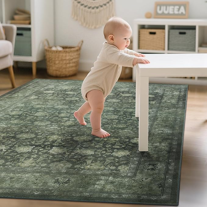 5x7 Washable Area Rug for Living Room, Non Slip Vintage Floral Rugs for Bedroom, Retro Indoor Floor Carpet for Kitchen, Dining Room, Farmhouse, Classroom (Distressed Green)-CubbioJoy