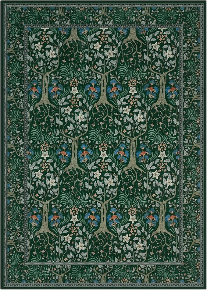 Joydeco Floral 5x7 Area Rugs for Living Room, Boho Dark Green Washable Rug Non Slip, Soft Low-Pile Botanical Forest Indoor Floor Throw Carpet for Office Dining Table Playroom Dorm-CubbioJoy