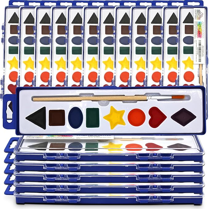 Color Swell Bulk Watercolor Paint Set – 18-Pack with 8 Washable Colors & Shape Learning Tools – Includes Strong Wood Brushes for Kids-CubbioJoy