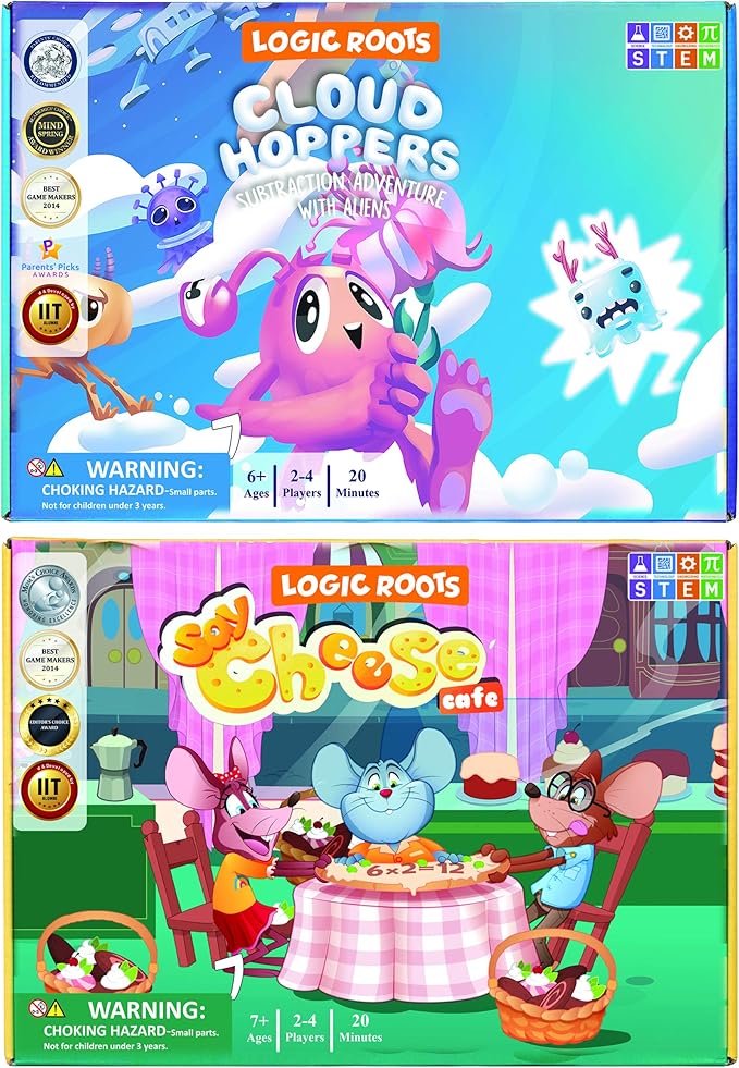 Addition and Subtraction Games - Pack of 2, Cloud Hoppers &Say Cheese Cafe, Math Board Games and STEM Toys for 5-9 Year Olds, Gift for Kids (Girls & Boys), Homeschoolers, Grade 1 & Up-CubbioJoy