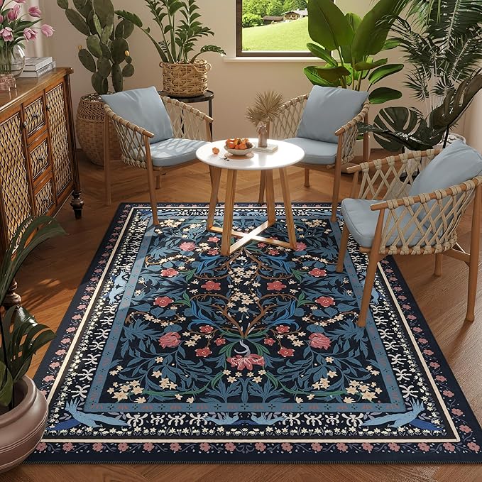 Bedroom Rug 3x5 Rug Washable Area Rug Non Slip Low Pile Vintage Floral Botanical Small Carpet for Bedroom, Bedside, Kitchen, Entryway, Kids Room, Office, Blue-CubbioJoy