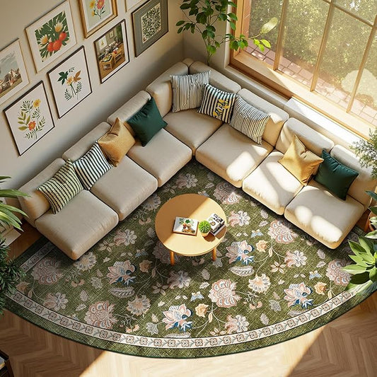 jinchan Floral Corner Rug for Living Room Washable Bedroom Rug Vintage Romance Design Non Slip Quarter Circle Lightweight Low-Pile Throw Carpet for Reading Nook Playroom,8ft Radius, Green-CubbioJoy