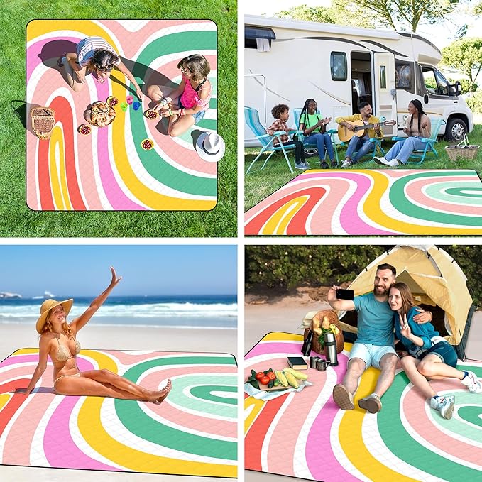 ADecor Picnic Blankets, 79" x 79" Large Beach Blanket Waterproof Sandproof, Foldable Lightweight Portable Picnic Mat Beach Vacation Essentials for Park, Camping, Hiking, Travel, Grass Lawn-CubbioJoy
