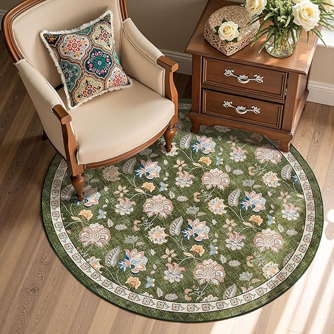 jinchan 4ft Floral Round Rug for Entryway Washable Kitchen Rug Vintage Romance Design Non Slip Indoor Doormat Lightweight Low-Profile Throw Carpet for Living Room Dining Room Bedroom, Green-CubbioJoy
