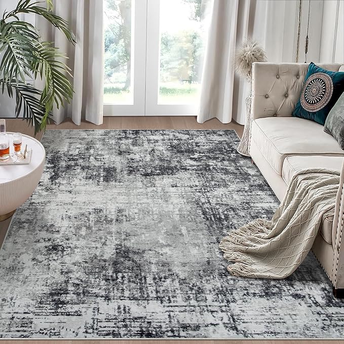 5x7 Area Rugs for Living Room Rug Washable: Modern Rug for Dining Room Bedroom Carpet Non Slip Low Pile 5 by 7 Indoor Abstract Nursery Home Office Black Grey-CubbioJoy
