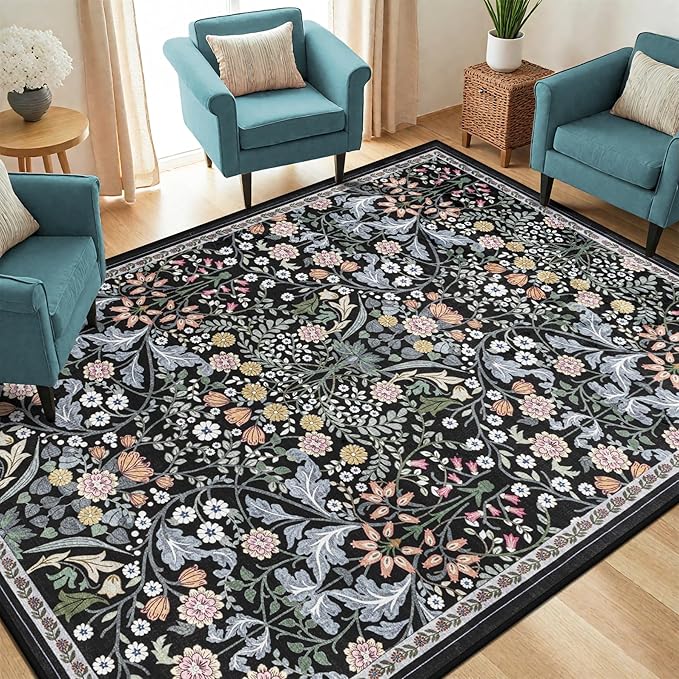 Area Rug Living Room Rugs: Floral 5x7 Washable Rug Vintage Soft Boho Non-Slip Carpet Indoor Stain Resistant Large Carpets for Bedroom Dining Room Farmhouse Nursery Hallway Home Office Dark Black-CubbioJoy