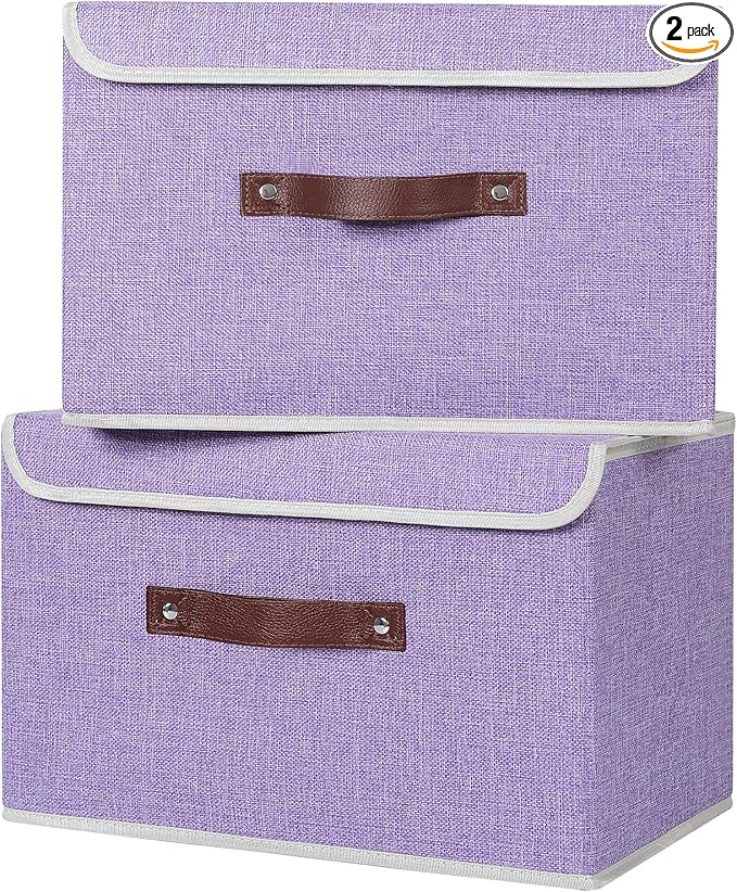 ANMINY 2PCS Storage Bins with Lid PU Leather Handles Storage Boxes PP Plastic Board Decorative Foldable Lidded Cotton Linen Fabric Home Cubes Baskets Closet Organizer Containers - Purple, Large Size-CubbioJoy