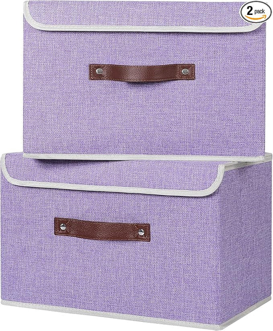 ANMINY 2PCS Storage Bins with Lid PU Leather Handles Storage Boxes PP Plastic Board Decorative Foldable Lidded Cotton Linen Fabric Home Cubes Baskets Closet Organizer Containers - Purple, Large Size-CubbioJoy