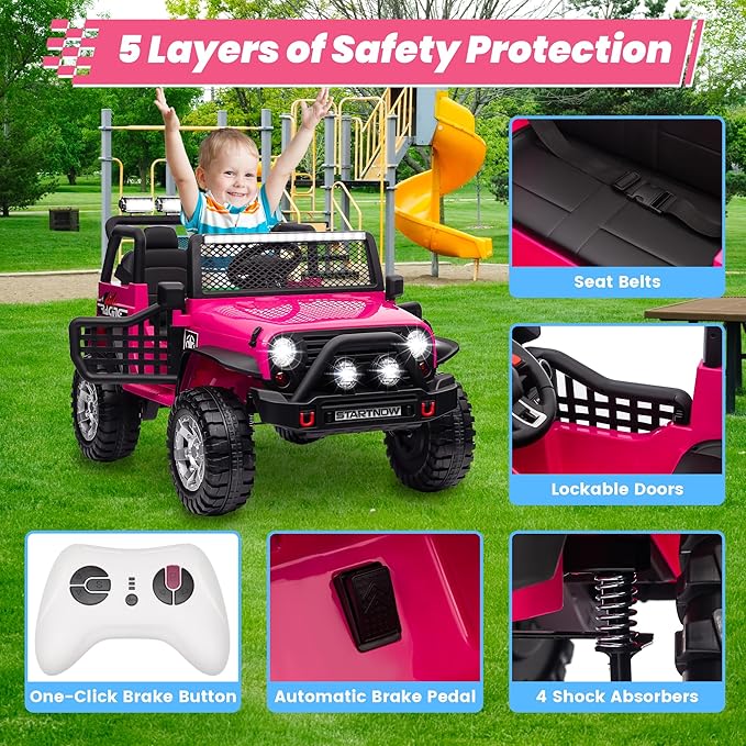 24V 4WD Ride on Truck Car w/800W Motors, Gift Flower, Remote Control, 2 Seaters, Light Bar, 3 Speeds, Pop Music, Power Four Wheels, 24 Volt Ride on Toy Car for Big Kids, Rose Red-CubbioJoy