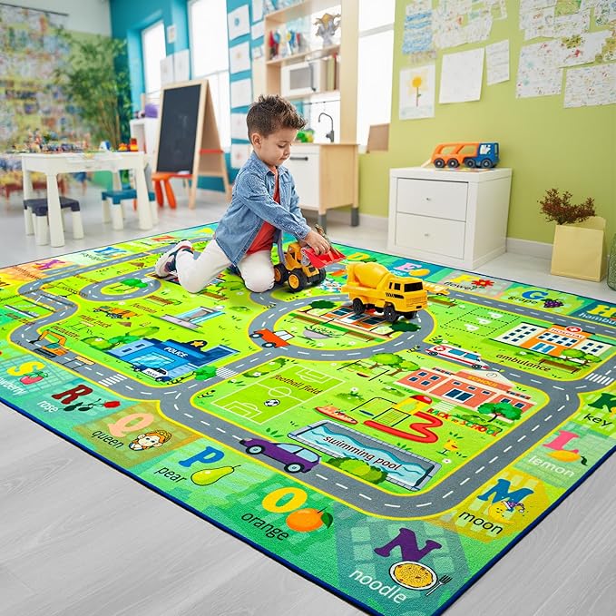 Chicrug 4x6 Car Road Area Rug for Kids Playroom Bedroom, Non Slip Low Pile Washable ABC Alphabet Carpet for Classroom, City Track Play Mat for Toddler Children Nursery Baby Room Decor, Green-CubbioJoy