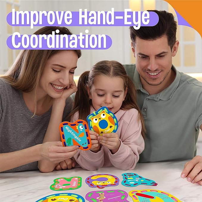 26PCS Kids Lacing Cards, 26 Double Sided Uppercase Sewing Cards with 26 Colorful Laces, Imagination Development Lacing Toys Games for Children Educational and Learning Activity-CubbioJoy
