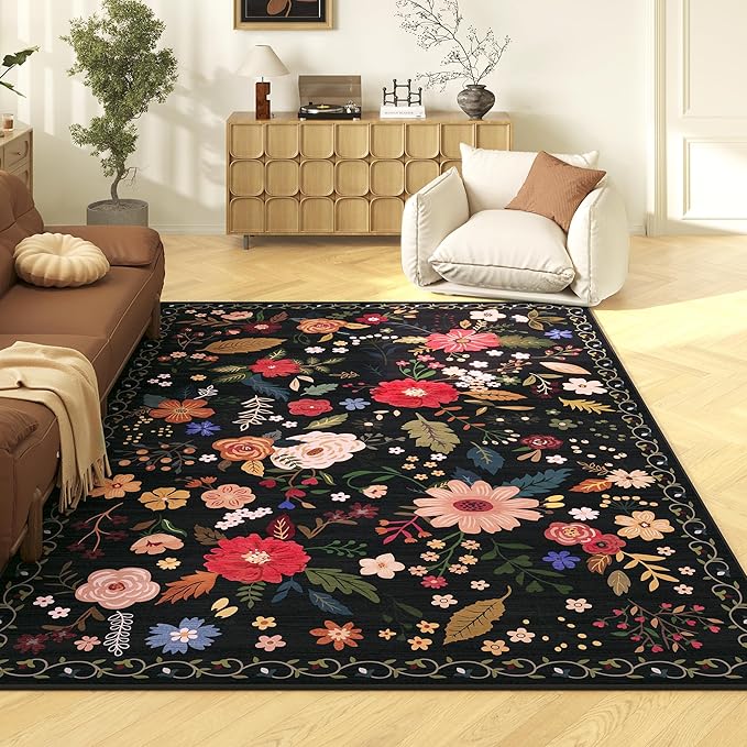 5x7 Washable Rug for Living Room, Floral Black Area Rug, Non Slip Low Pile Soft Flower Carpet, Large Rugs for Bedroom, Dining Room, Office, Kids Playroom, Nursery-CubbioJoy